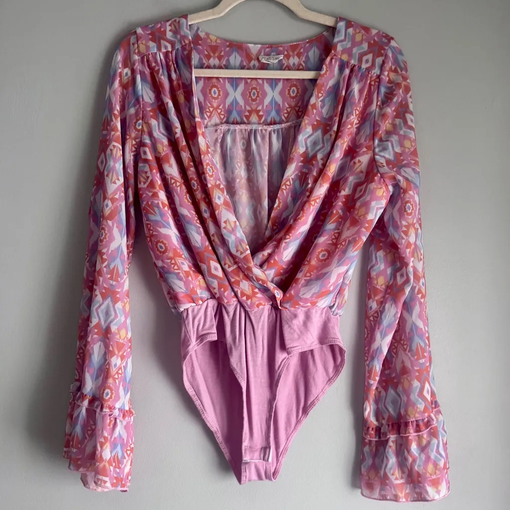 Peace Love Boutique Multi-Color Aztec Long Bell Sleeve Deep V-Neck Bodysuit - Image 2