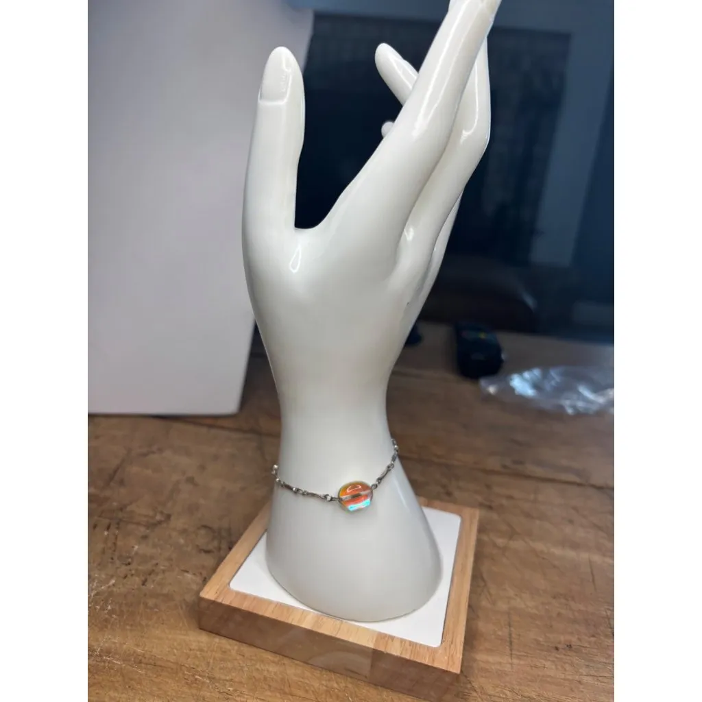 Iridescent Beaded Sterling Silver Bracelet With Oval Glass Accent & Lobster Clas - Image 8