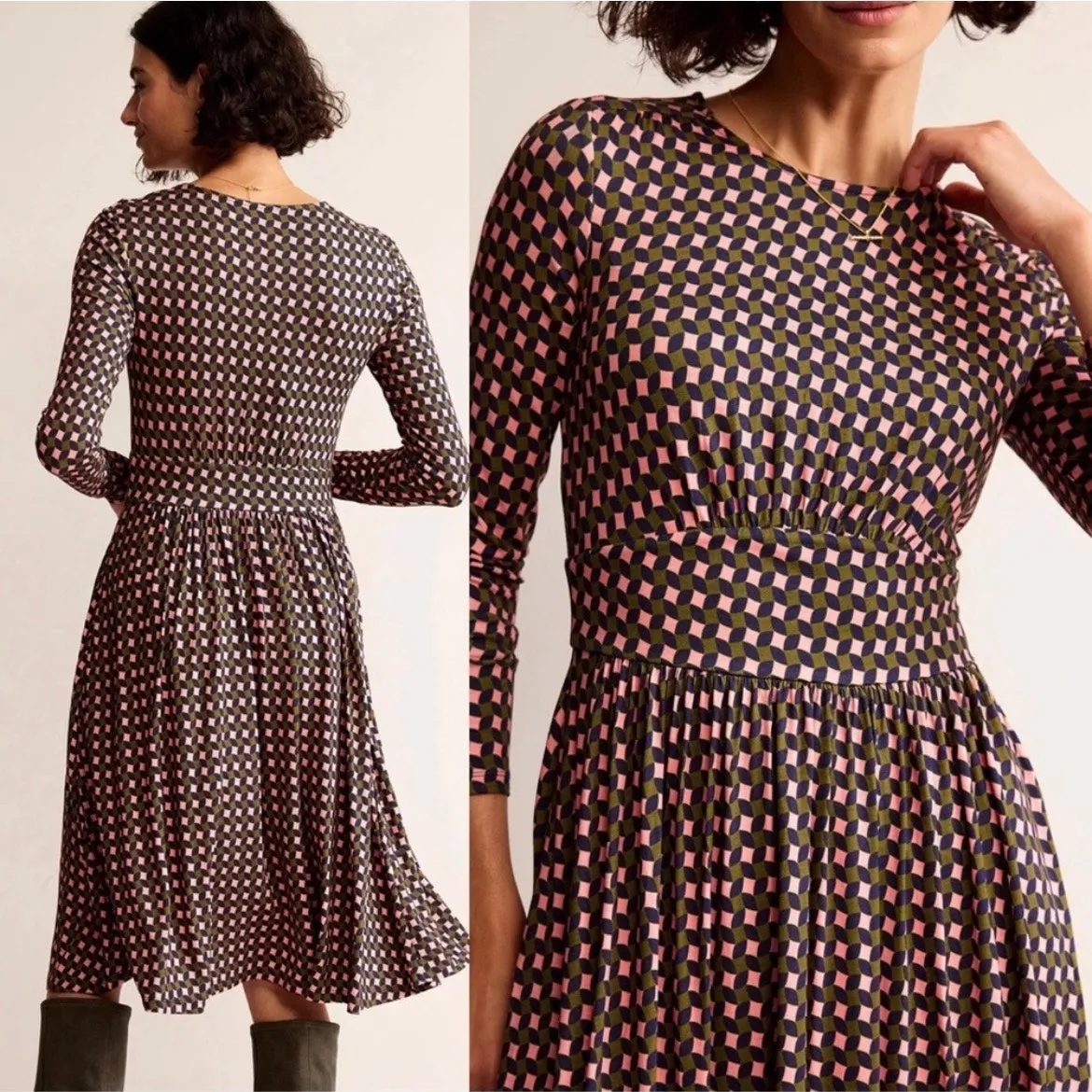 Boden Olive Green&Pink Abstract Diamond Long Sleeve Jersey Thea Dress Sz.12R Green Size 12 - Image 3