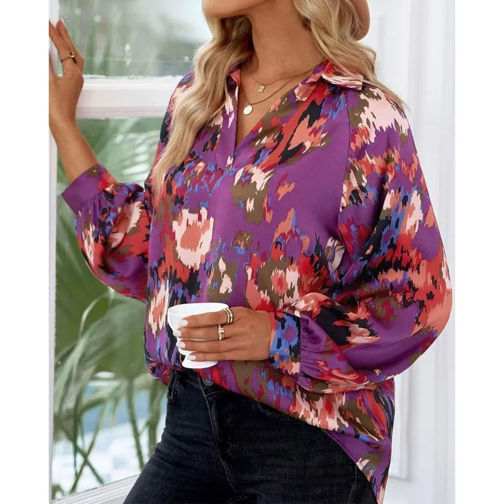 NEW Blouse Tops V Neck Lantern Long Sleeve Shirt XL Purple - Image 3