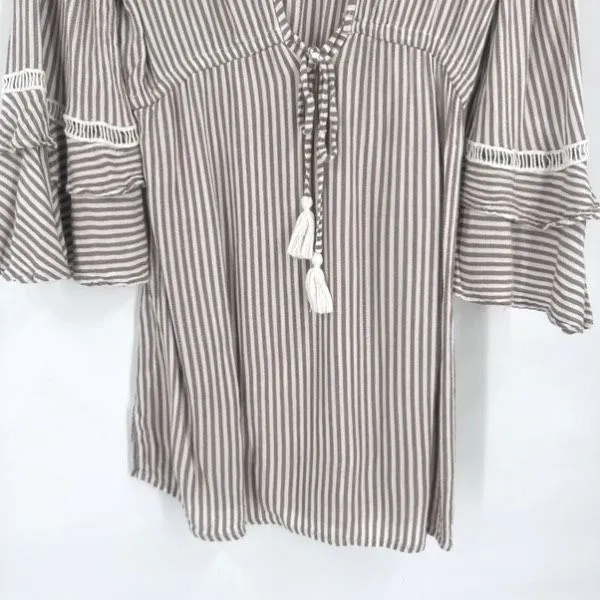 Blue island Womens Striped Pullover Beach Dress Coverup Ruffle Size XS Tan White - Image 5