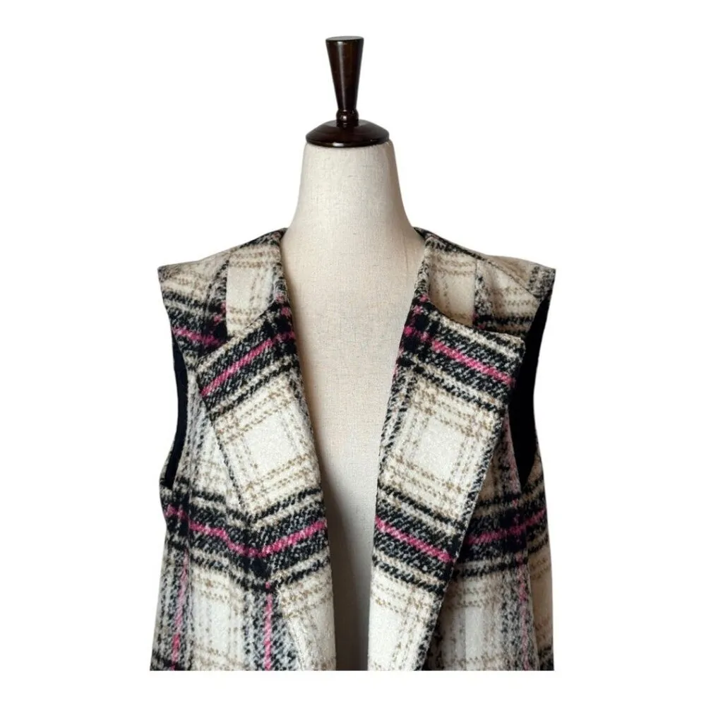 Thakoon Design Nation Vest Women Large Ivory Black Plaid Notch Lapel Open‎ Long - Image 4