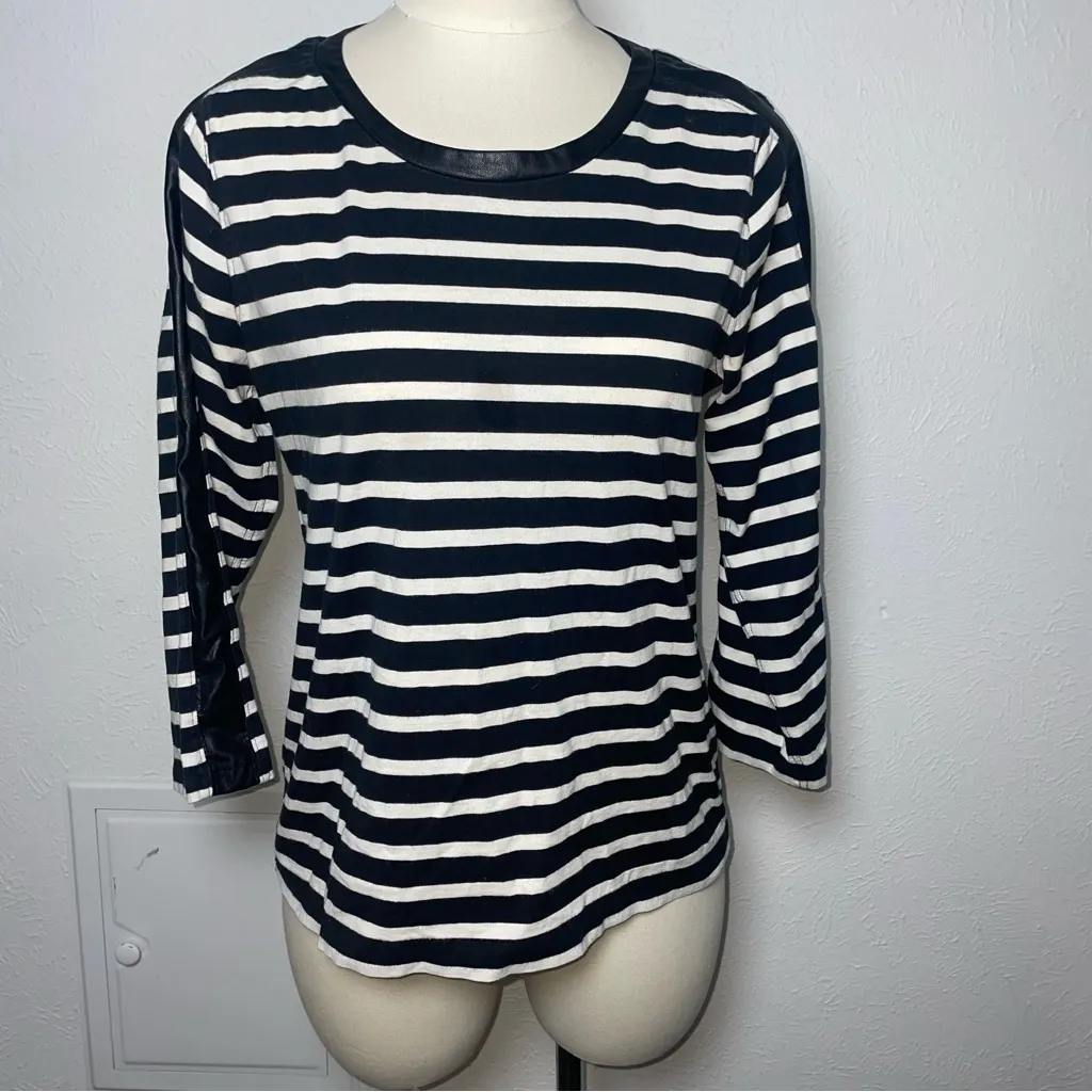 J.Crew  Striped Faux Leather Trim‎ Top Medium - Image 2