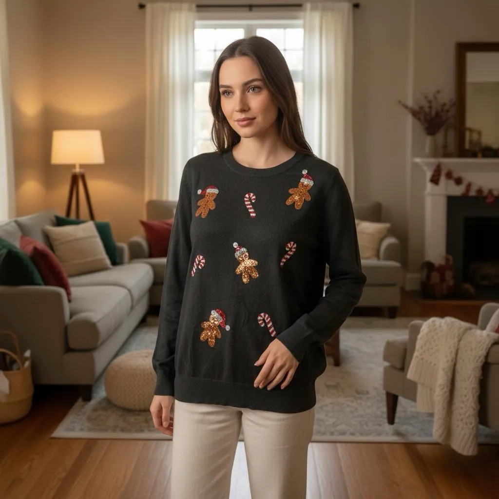 Victoria Harbour Black Christmas Sweater Sequin Gingerbread Candy Cane Size L Size L - Image 2