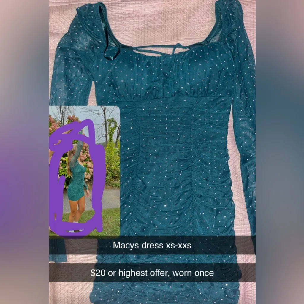 Teal Ruched Dress with Sheer Sleeves - Image 2