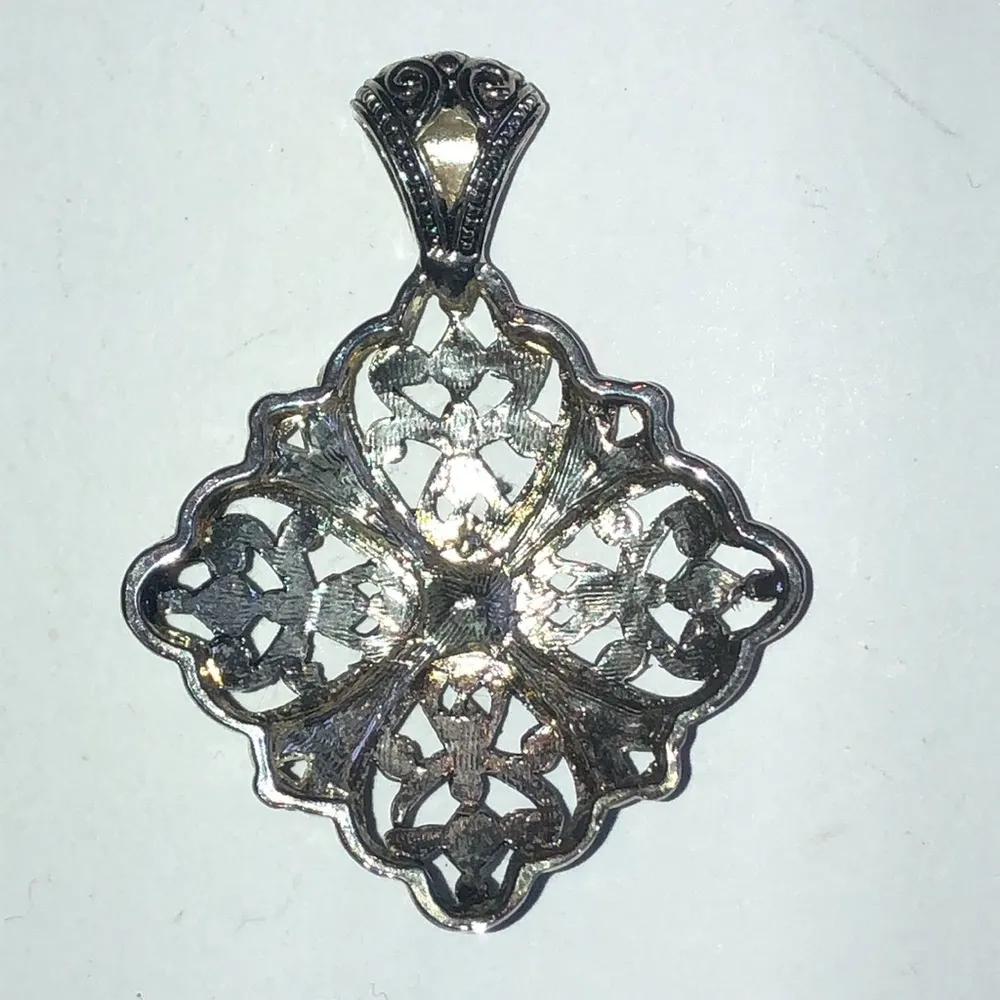 Silver Tone Black Enamel CZ Rhinestone Cutout Boho Statement Pendant - Image 4