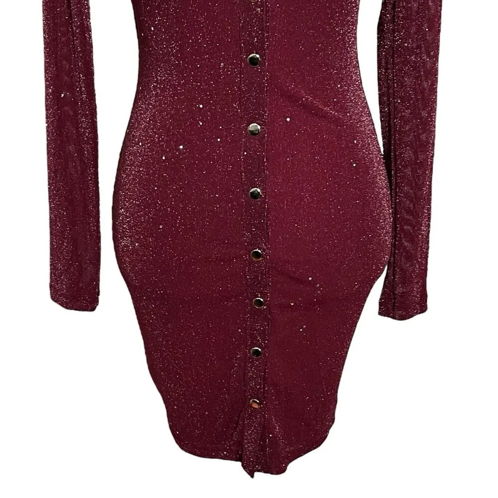 Princess Polly Friday Fever Mini Dress Burgundy BodyCon Glitters Women’s Size 4 - Image 4