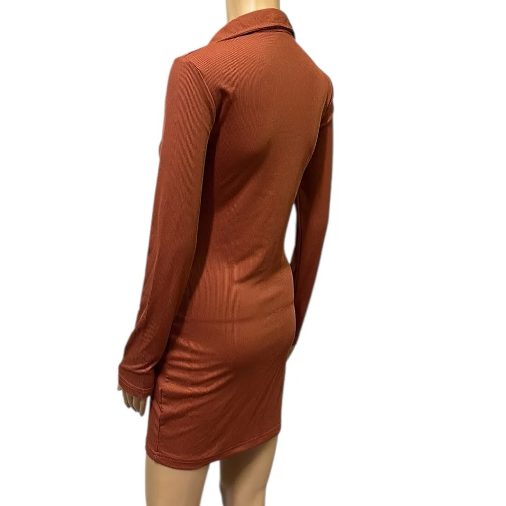 Just Quella Ribbed Long Sleeve Ruched Button Up Collared Rust Mini Dress 4 / 6 - Image 5