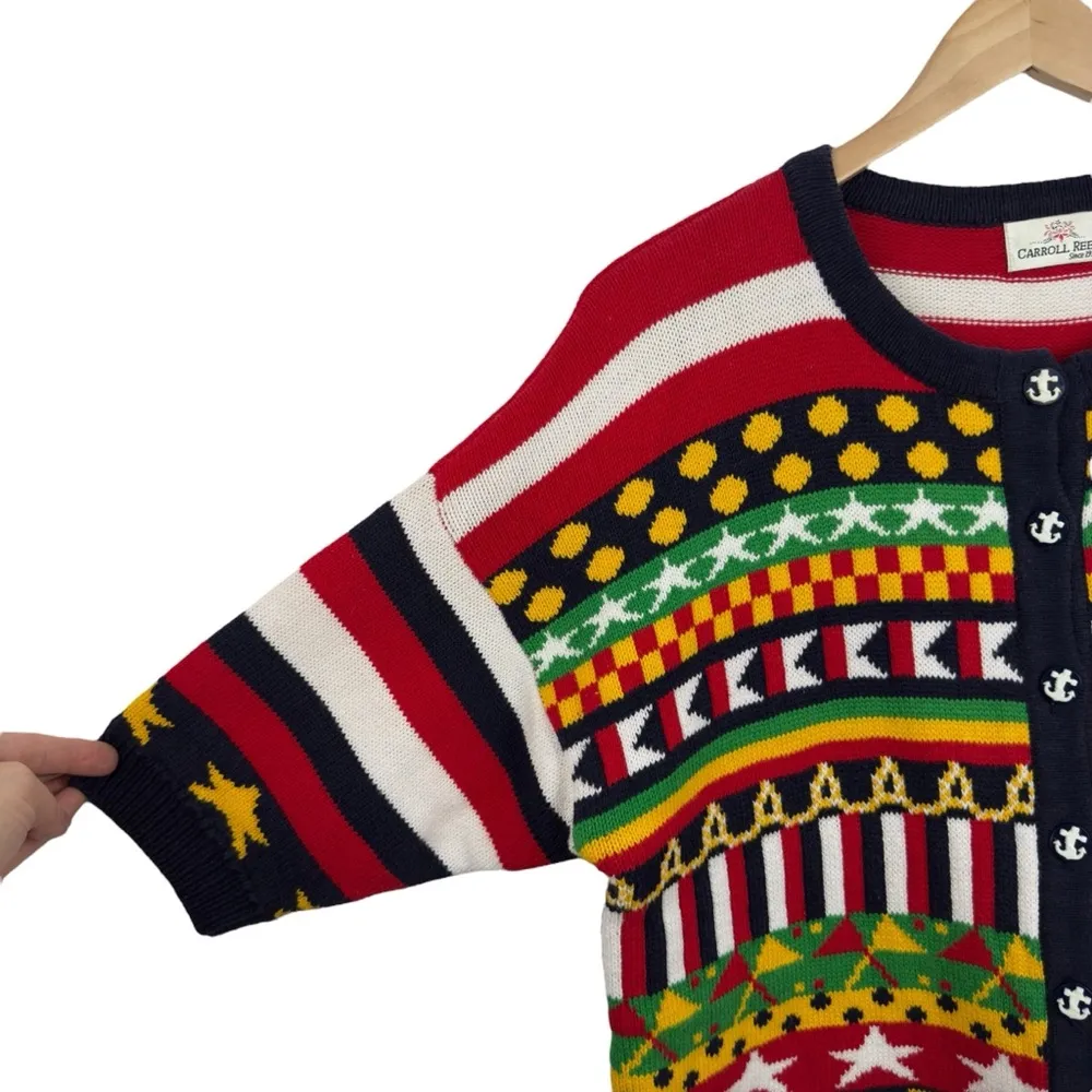 Carroll Reed Women's M Nautical Knit Cardigan Button Up Cotton Colorful 90's Black Size M - Image 7
