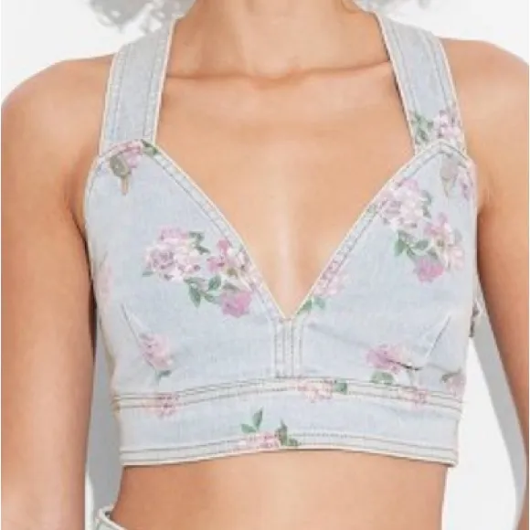 Wild Fable Denim Vest Tank Cropped Light Wash Floral Print Women's Sz M - Image 4