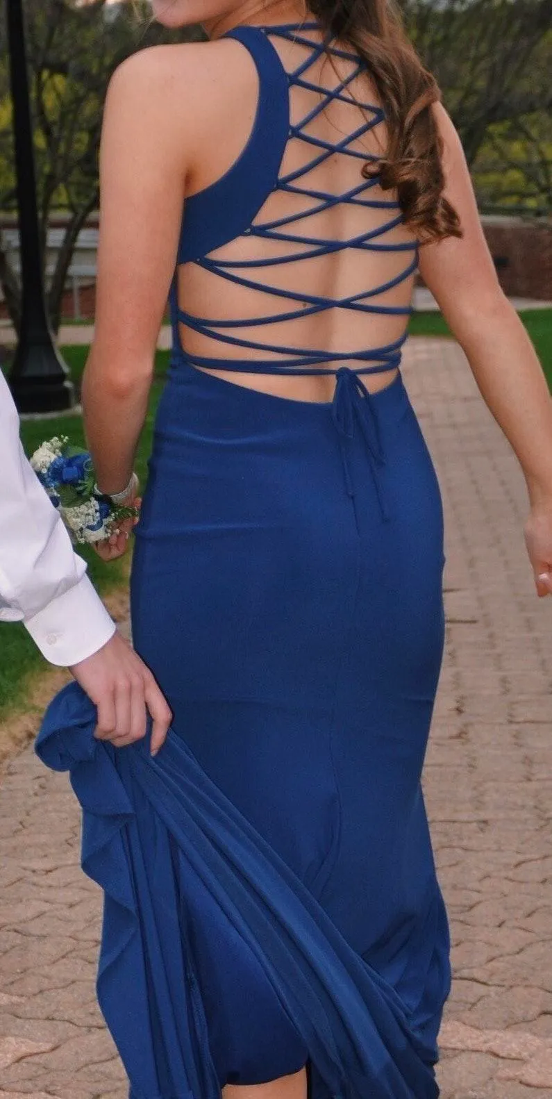 Lace Up Back Blue Prom Dress - Image 4