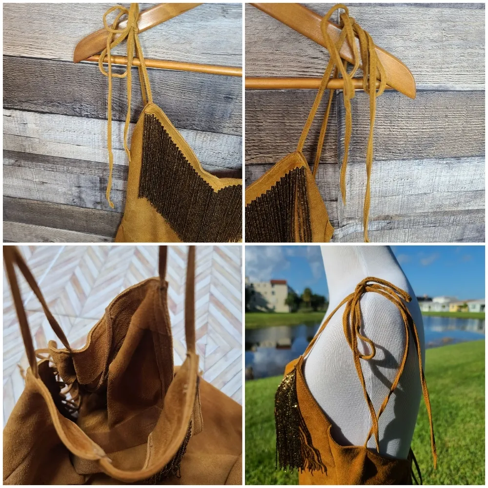 Western leather suede, kasey musgraves vibes,lace up,fringe bead vintage dress S Tan - Image 13