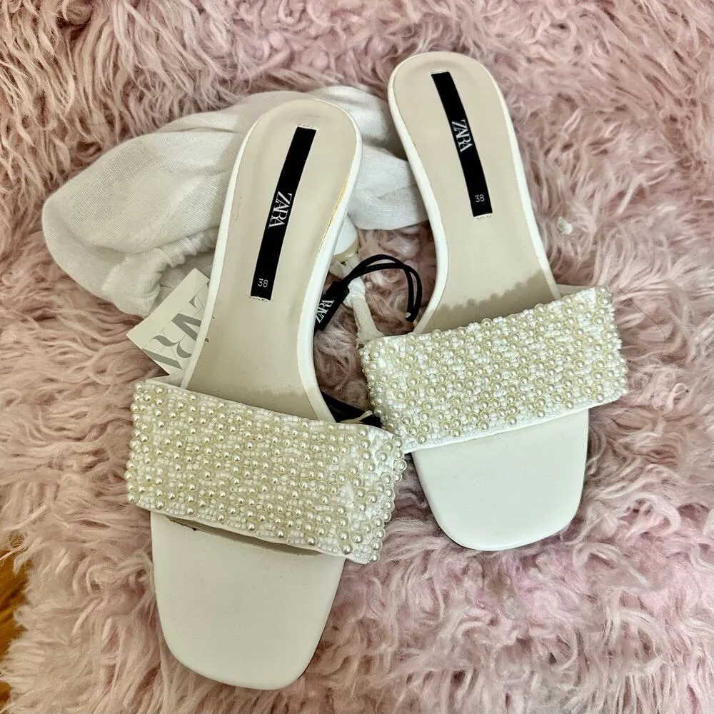 ZARA  White Pearl Beaded Heels Size 7.5 Wedding Bachelorette Feminine BloggersFav - Image 2