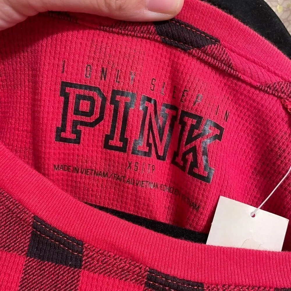 PINK Victorias Secret black red checkered gold logo long sleeve sleep shirt, XS - Image 4