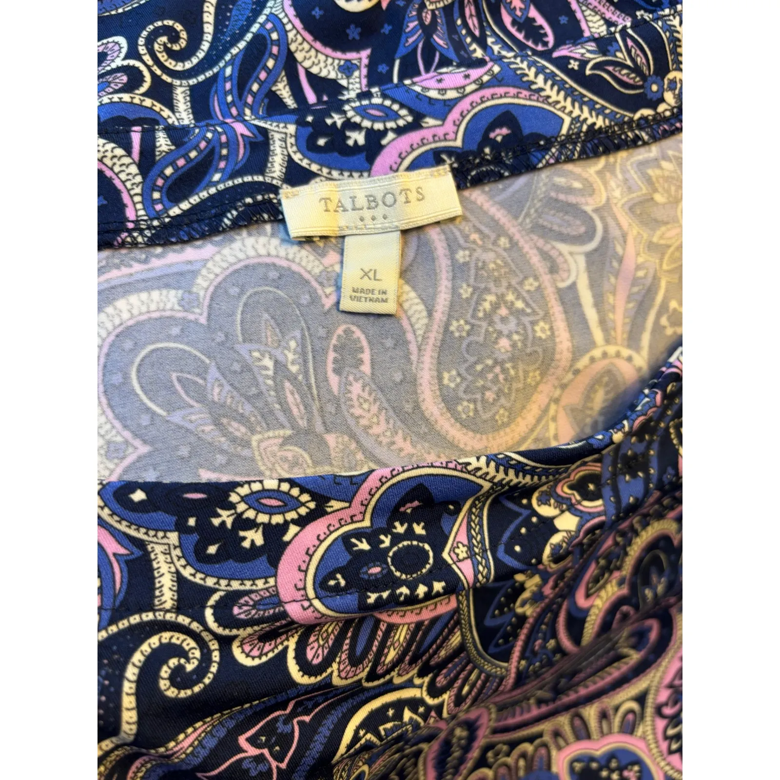 Talbots Paisley Pull-On Jersey Dress Size XL Navy Pink Purple 3/4 Sleeve - Image 2