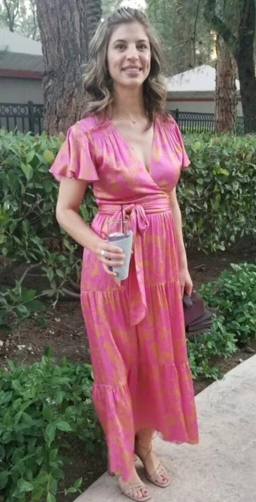 TANYA TAYLOR Women's Pink Orange Floral 100% Silk V-Neck Lisa Wrap Dress size 2 - Image 14