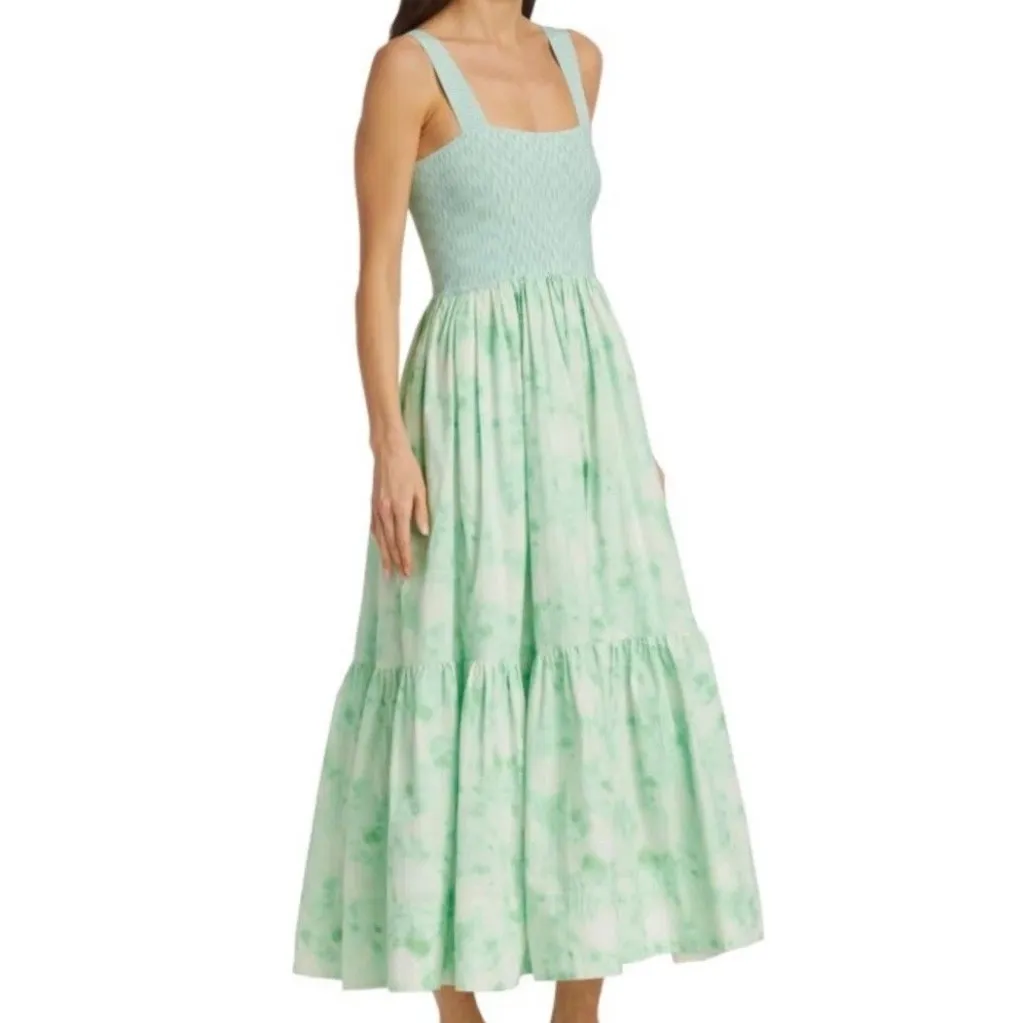 Tanya Taylor Midi Dress Gianna Green Floral Ruffle Hem Square Neck - Image 2