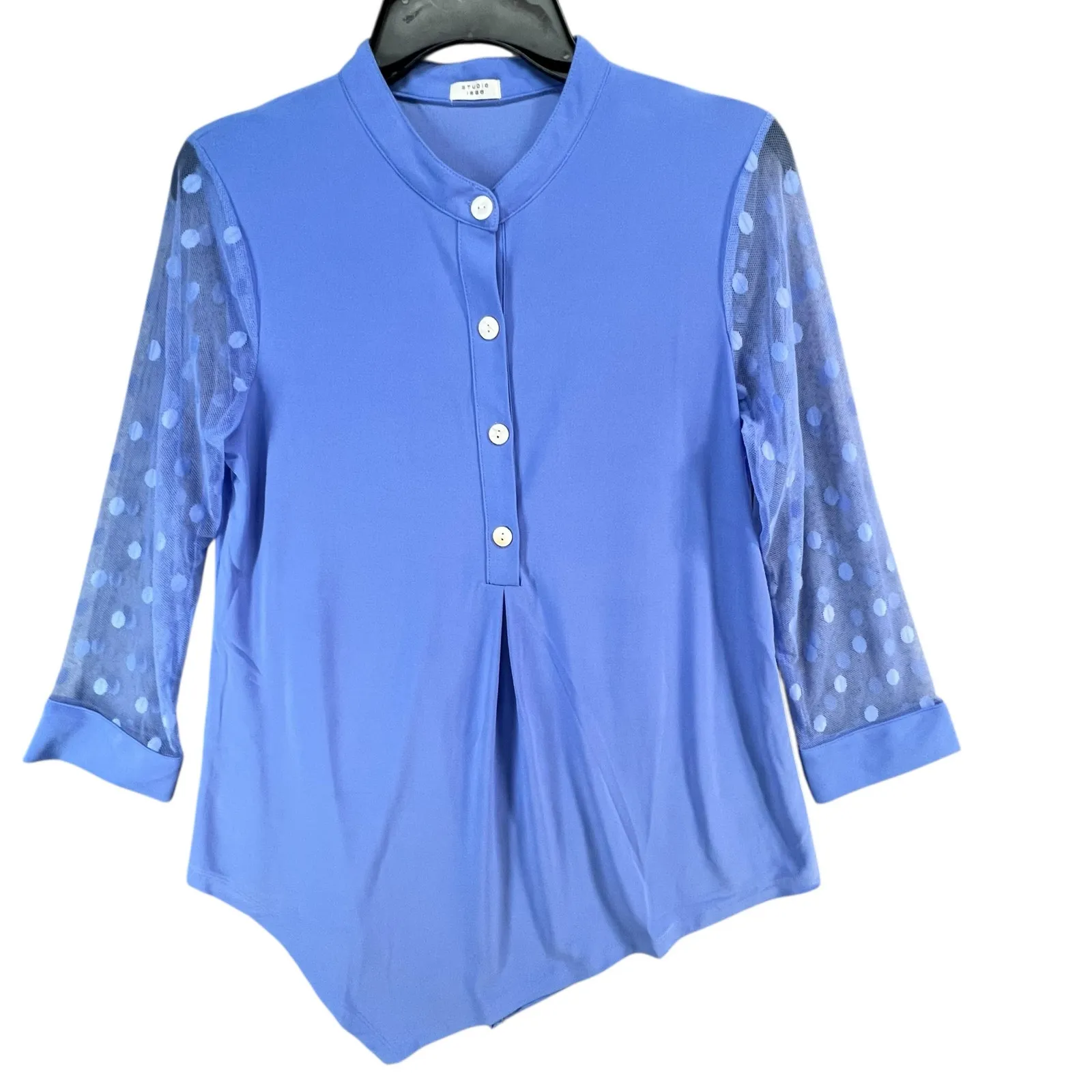 Studio 1886 Asymmetrical Top Womens S Blue Polka Dot Mesh Sleeves Button Modern - Image 2