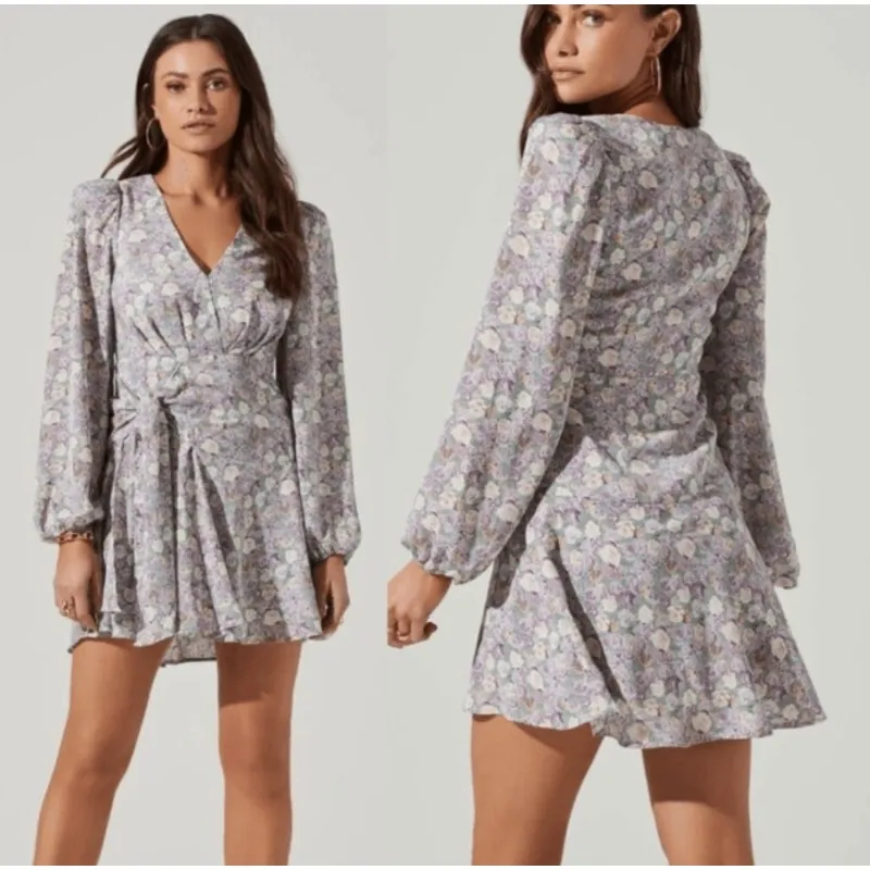 ASTR the label Floral Mini Faux Wrap Dress in Lavender Multi Size Medium - Image 2