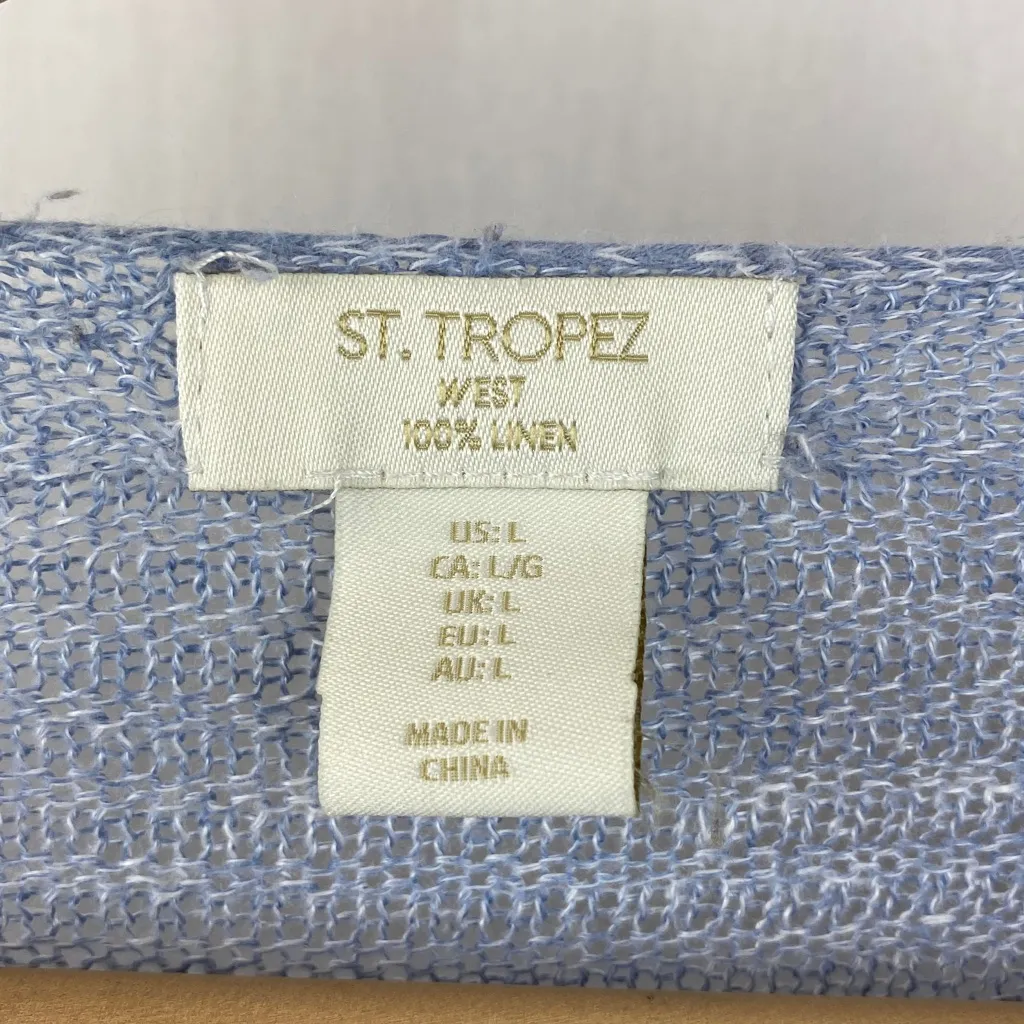 St. Tropez West 100% Linen Blue Knit Long Sleeve Sweater L - Image 4