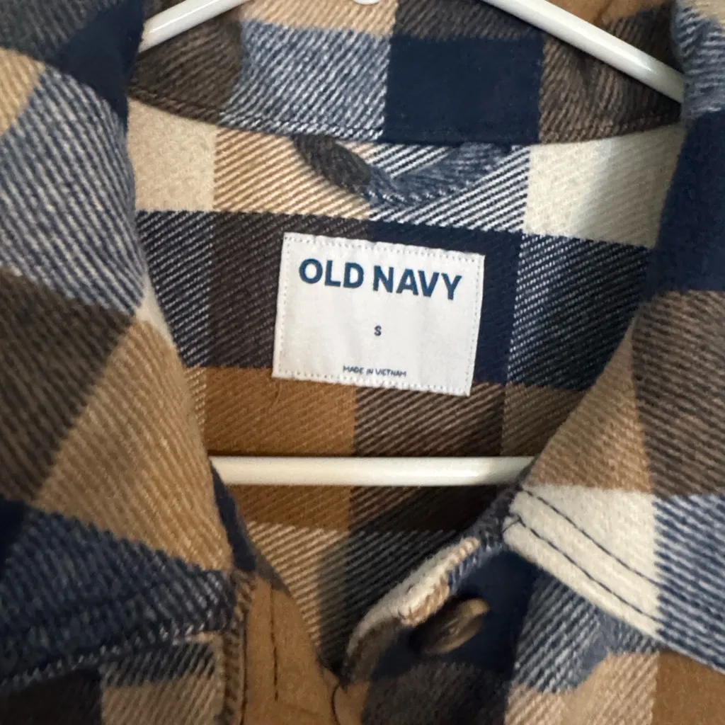 Old Navy Plaid Soft-Brushed Utility Shacket Brown/Blue/Cream Small oversized - Image 3