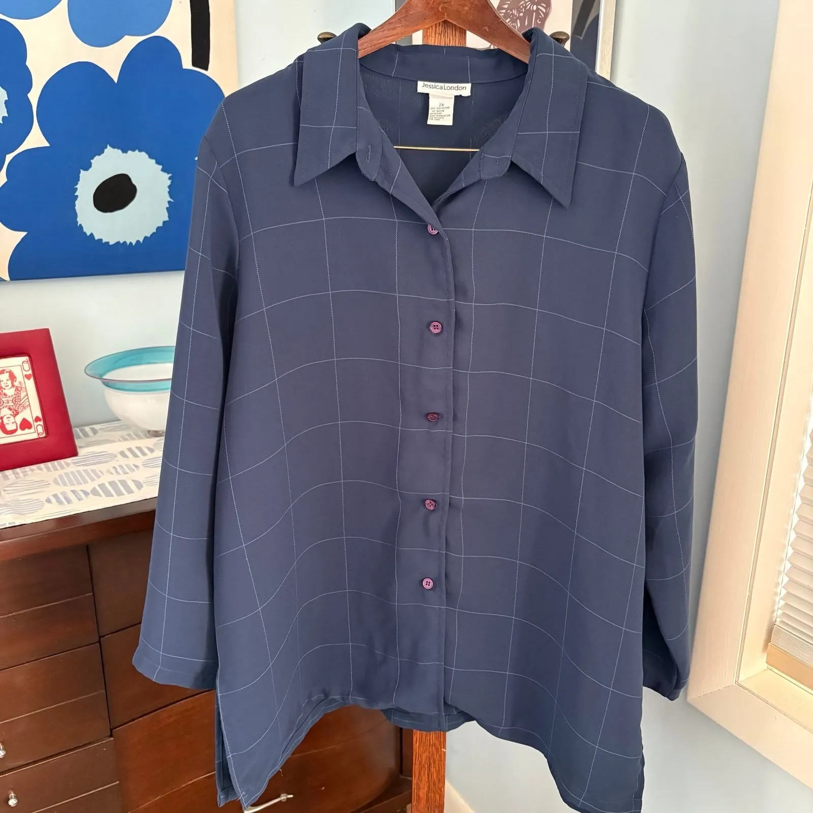 Jessica London Navy Subtle Windowpane Plaid Button Up Shirt 2X, Loose Fit - Image 2