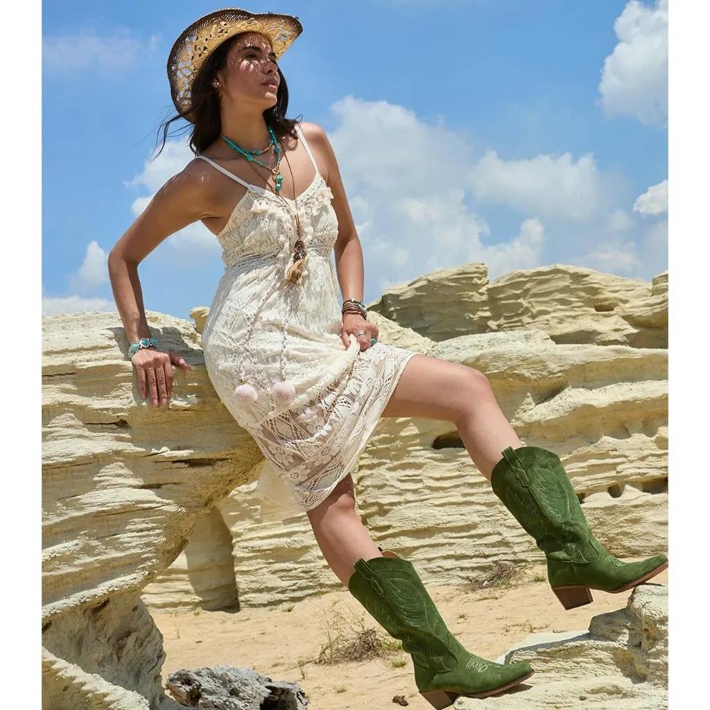 Women's Green Mid Calf Embroidery Cowgirl Boots Retro Snip Toe Western Boot Size 8 - Image 4