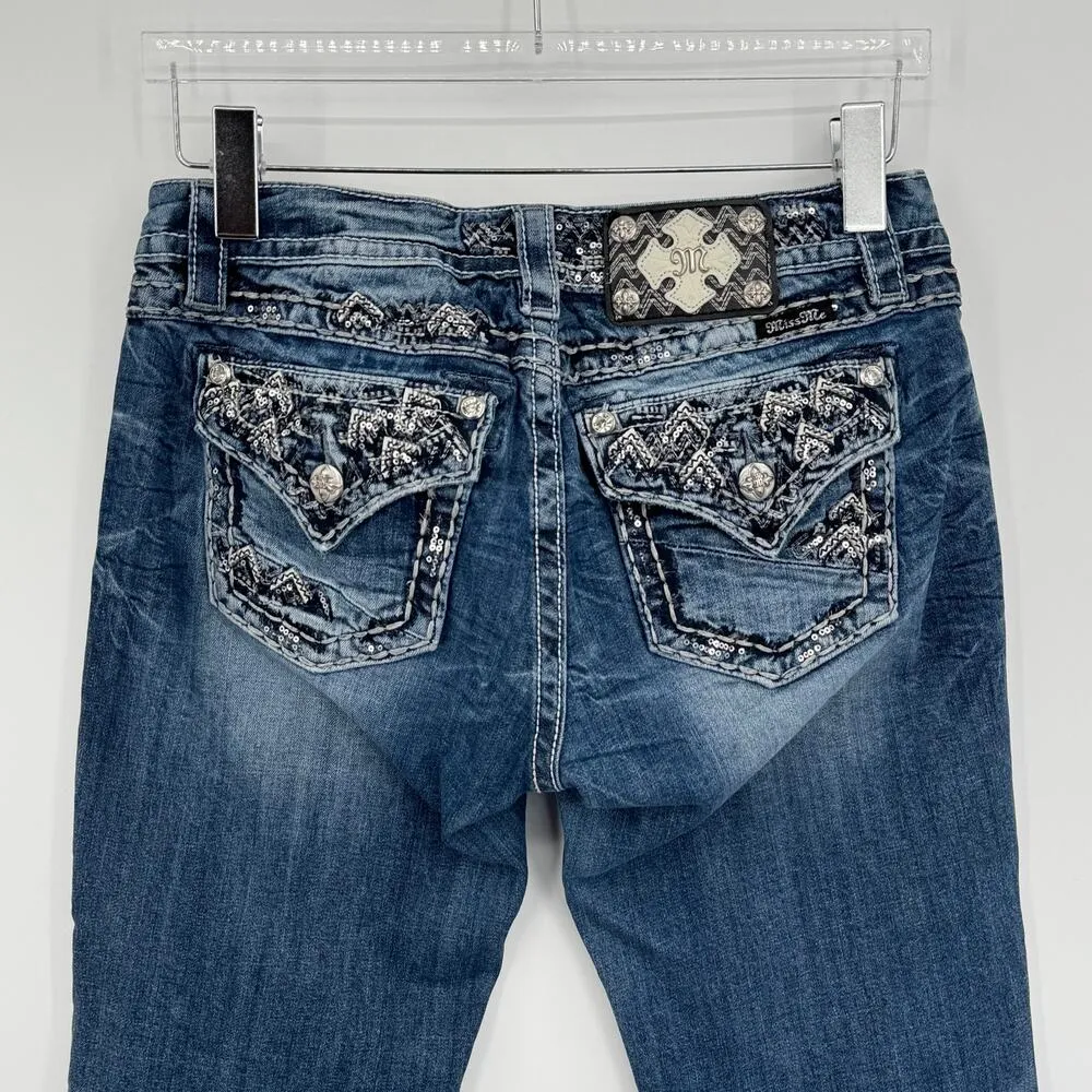 Miss Me jeans cuffed capri 30 straight mid rise embellished bling blue denim - Image 7