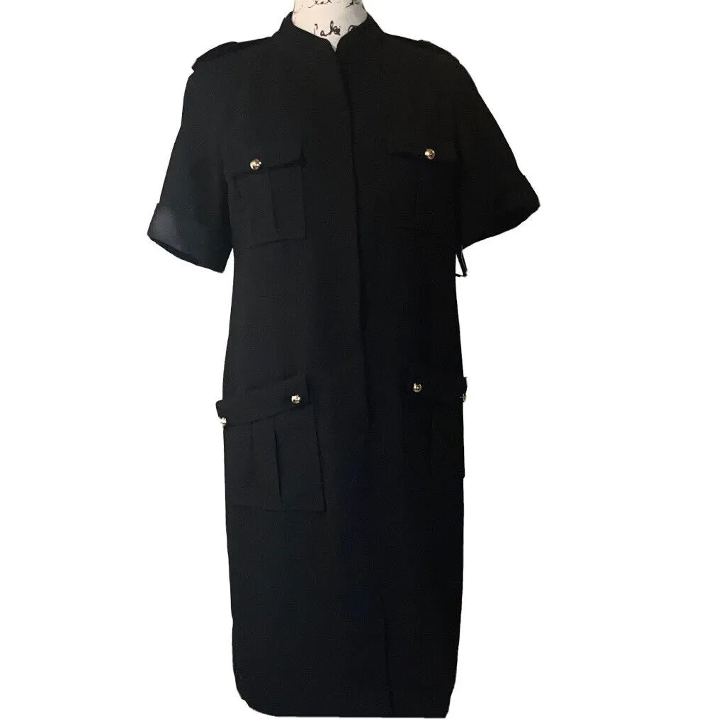 Leslie Fay Women's Front Zip Gold Detailed Black Cap Sleeve Sheath Dress Sz 6 - Image 8