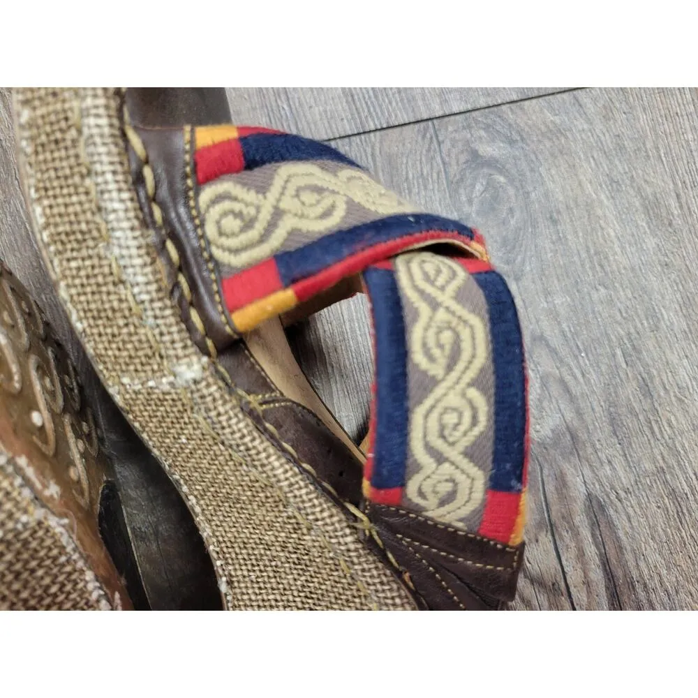 Born Wedge Sandals Maltia Brown Size 9 Leather Upper 3" Heel Red Blue Shoes - Image 10