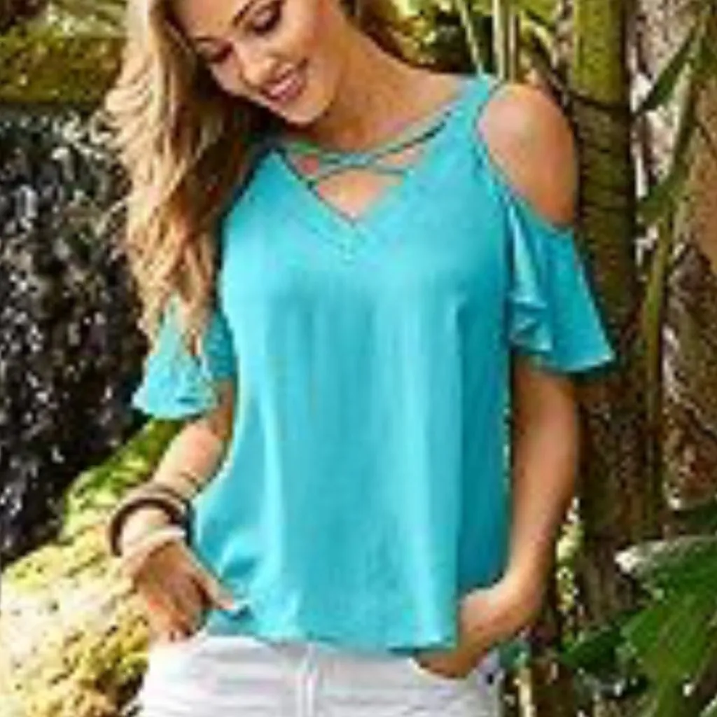 VENUS Strappy Detail V-Neck Top Turquoise Blue Cold Shoulder Short Sleeve Boho - Image 4