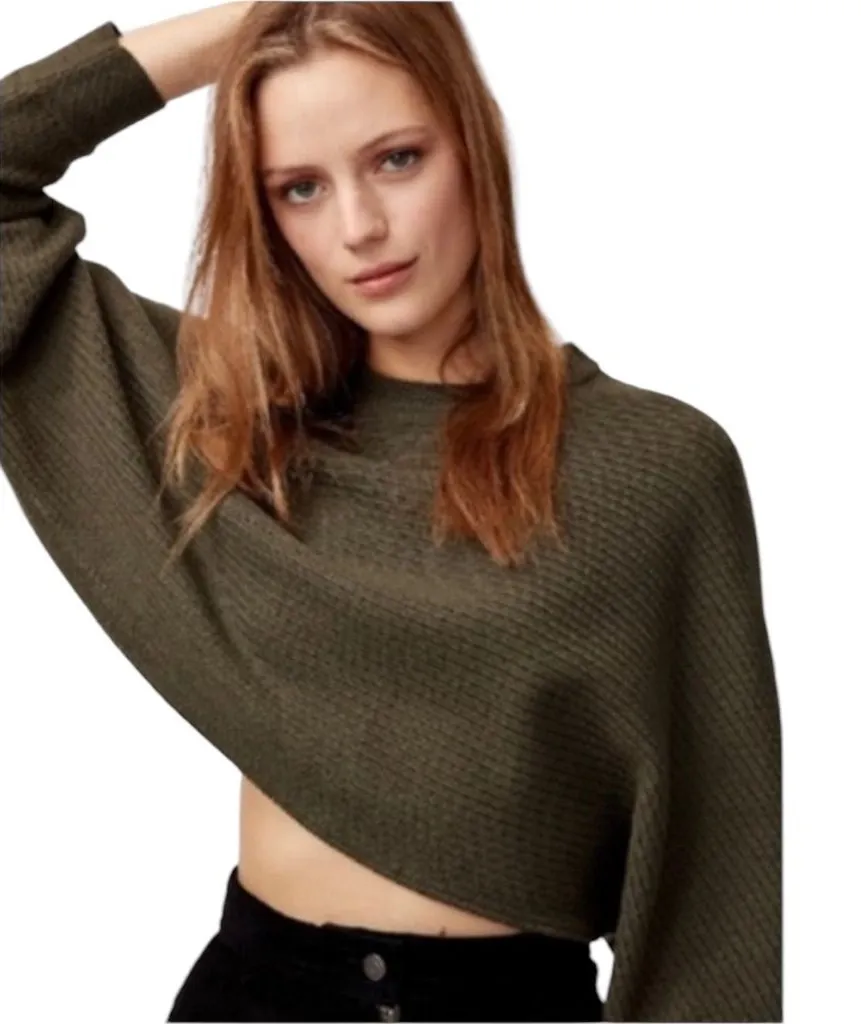 WILFRED FREE LOLAN OLIVE GREEN MERINO WOOL CROPPED DOLMAN SLEEVE SWEATER TOP 2 - Image 2
