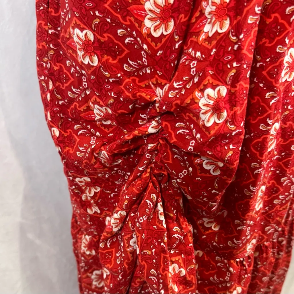 Red boho smocked halter maxi dress with cutout and gathered side size medium - Image 3