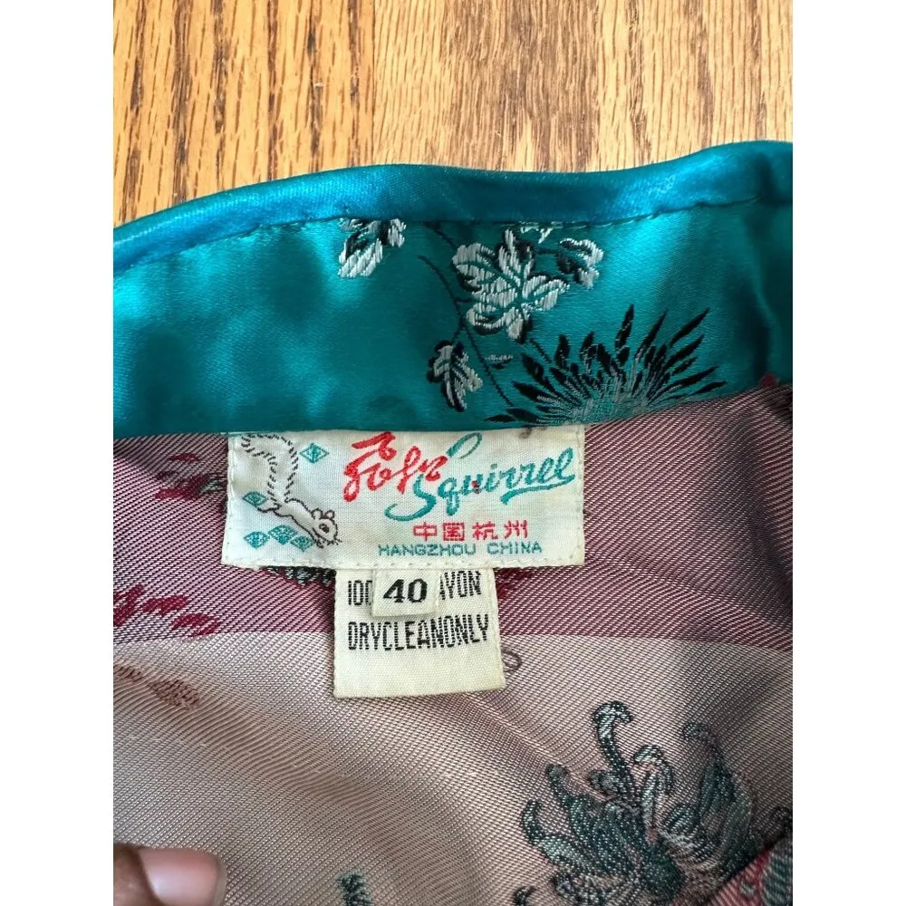 Vintage Teal Chinese Silk Floral Blouse Short Sleeve Size 40 By Folk Squirrel Green - Image 3