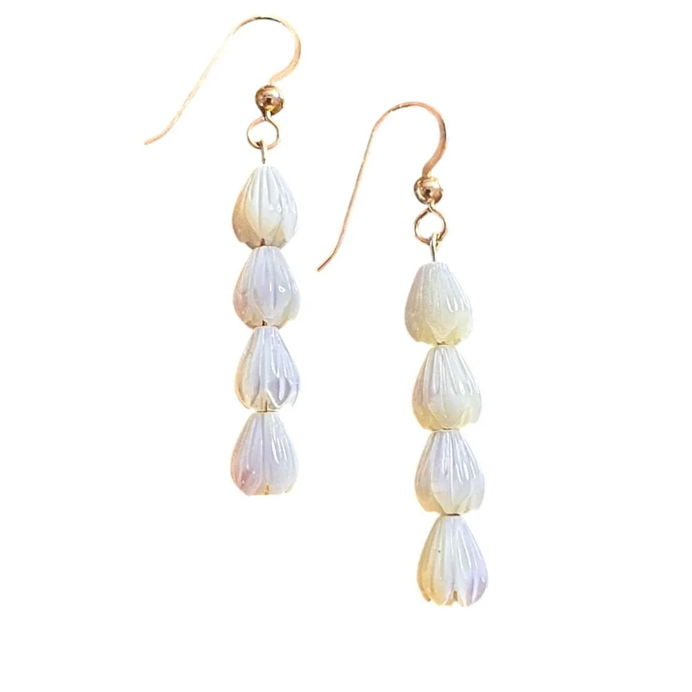 Pikake Mother of Pearl Shell Flower Dangle Earrings Gold - Image 2