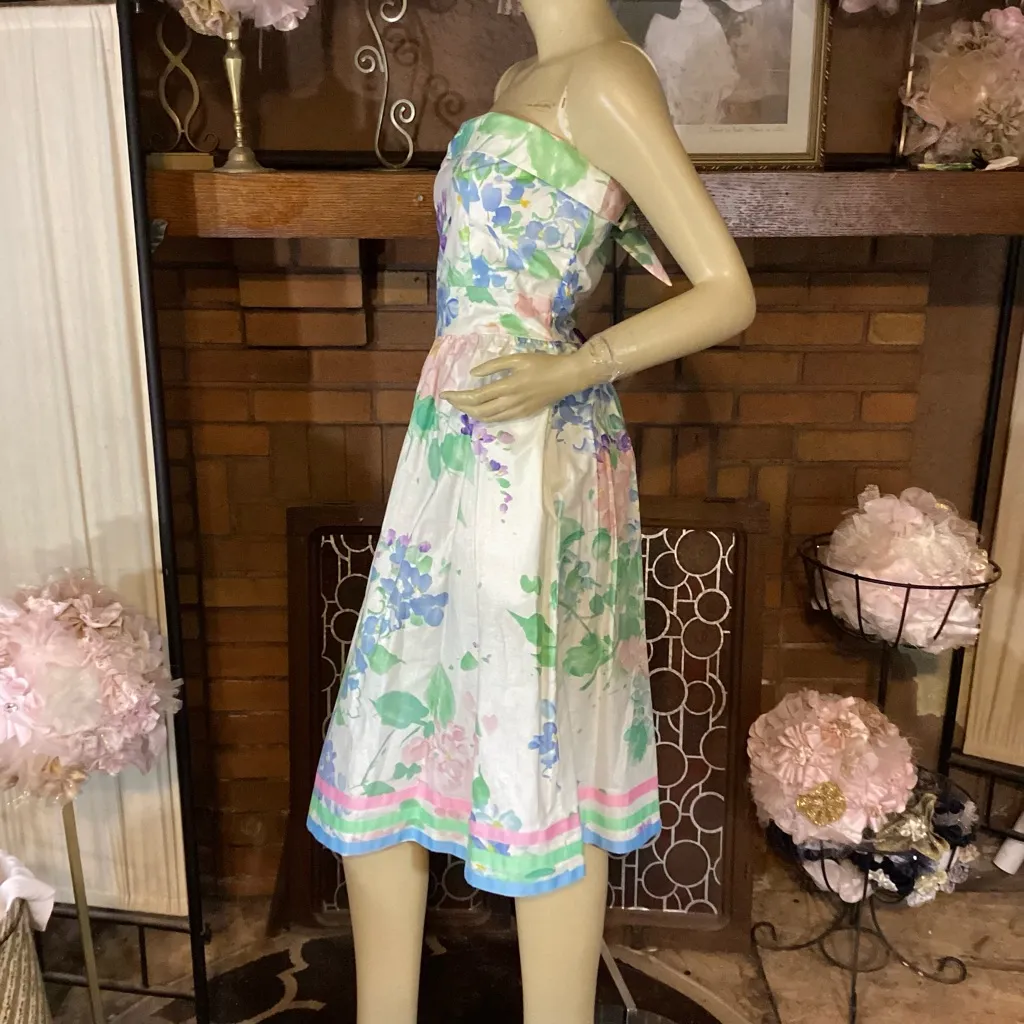 VINTAGE 1980'S BLAIR WOOLVERTON STRAPLESS PASTEL FLORAL PRINT TEA DRESS (12) - Image 4