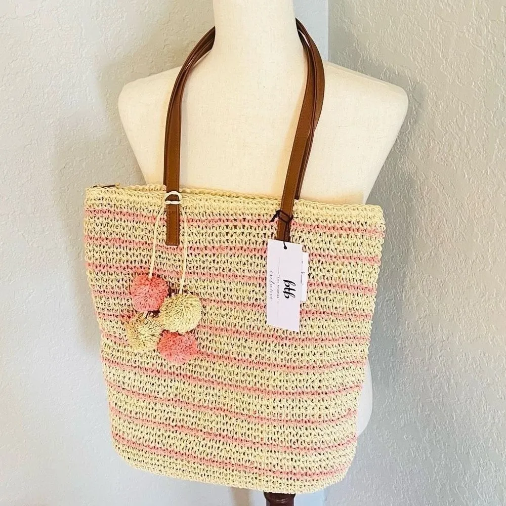 btb‎ Los Angeles Lucy Tote, Straw Woven Pom Pom Vacation Beach Bag, Natural, NWT Tan - Image 4