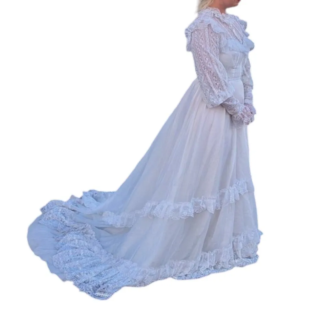 Vintage 70s Victorian Wedding Dress Bridgerton Lace High Neck Illusion Neckline White Size 8 - Image 3