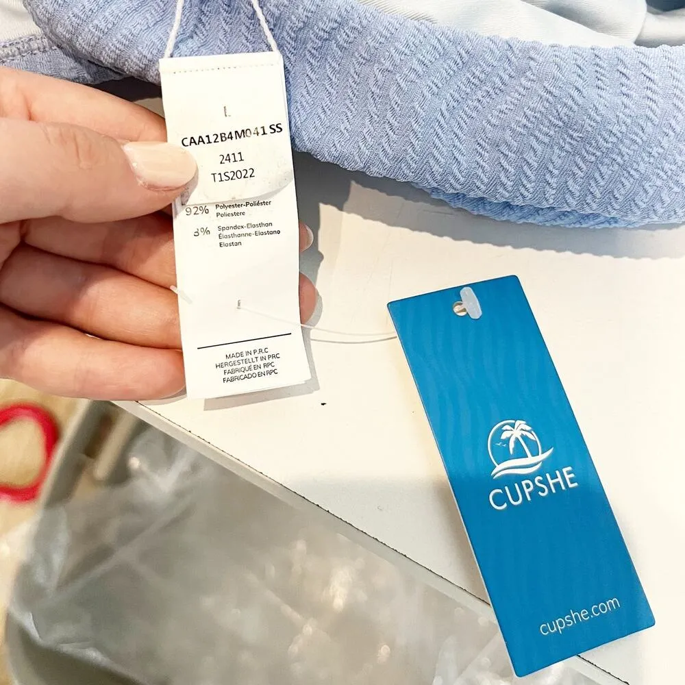 Cupshe Sporty Lace-Up Back Bikini Bralette Mid-Rise Bottoms Set Blue Large - Image 3