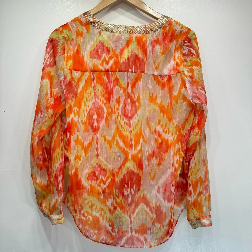 Chico’s Summer Ikat in Watermelon Fizz Sheer Knot Front Top Sequins & Buttons - Image 6