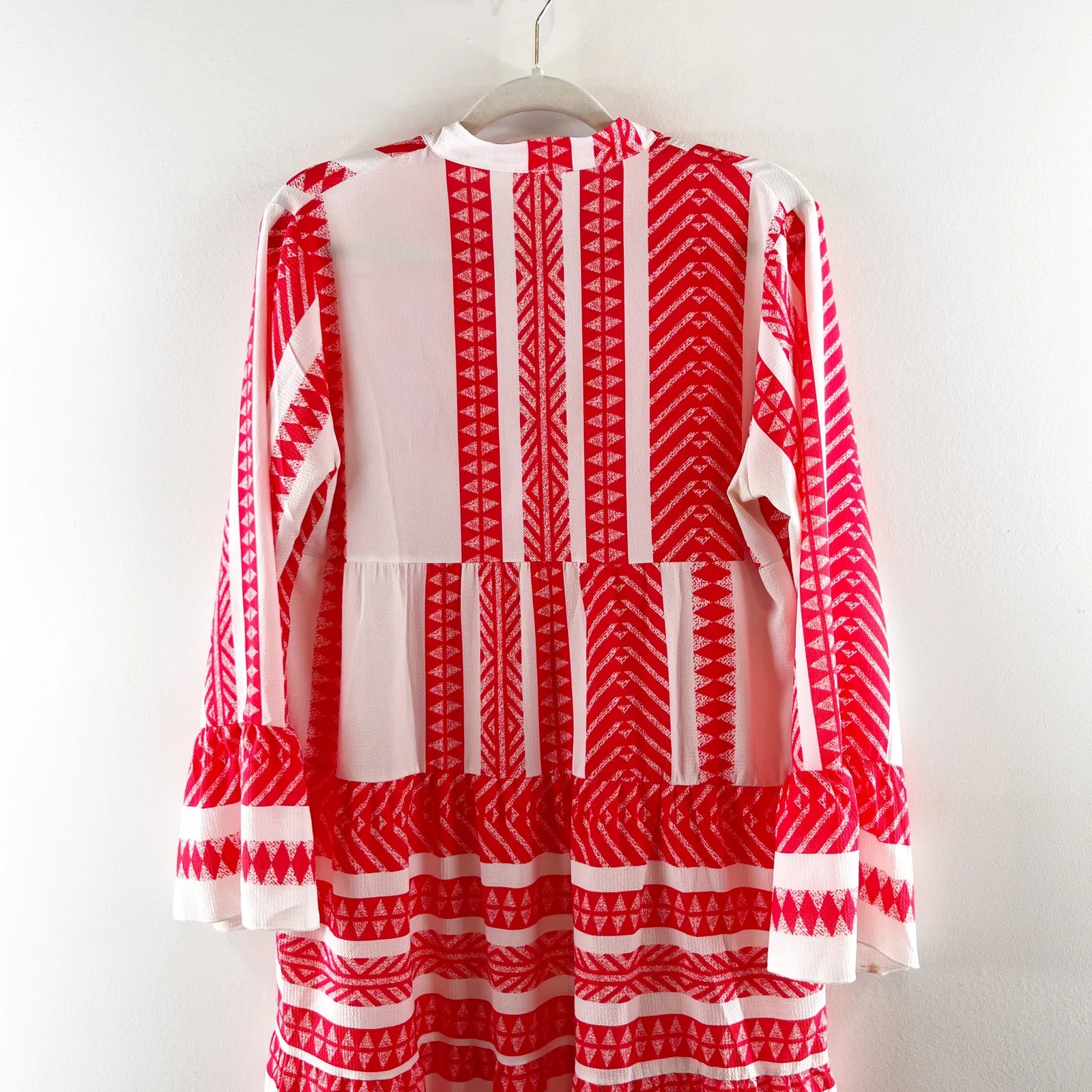 Silk & Salt V Neck Aztec Long Sleeve Midi Dress Red White Medium - Image 7