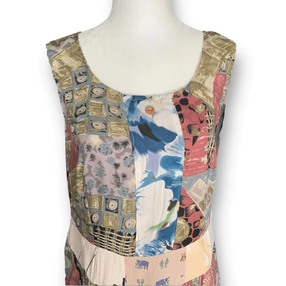 Vintage OOAK Handmade Patchwork Tank Top Jabot by Jana Elephant Print Small Blue - Image 4