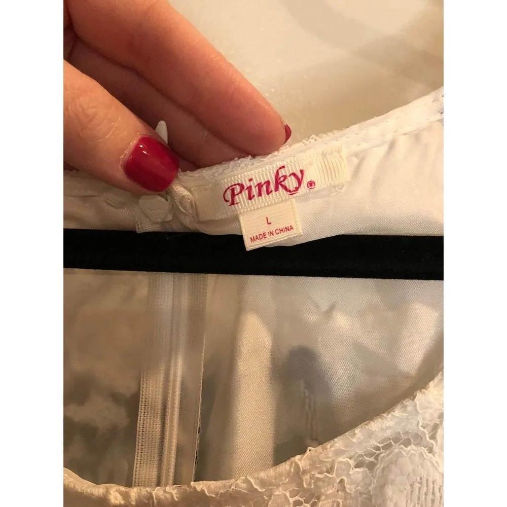 Pinky Los Angeles Blue and White Lace Dress Preppy Brunch Wedding Guest Sunday Size L - Image 98