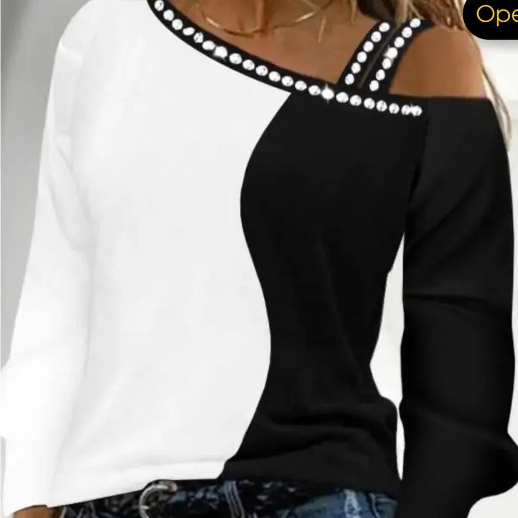 CHICME Top Fashion Color Lock Water Diamond Cold Shoulder Top Casual Long Sleeve - Image 4