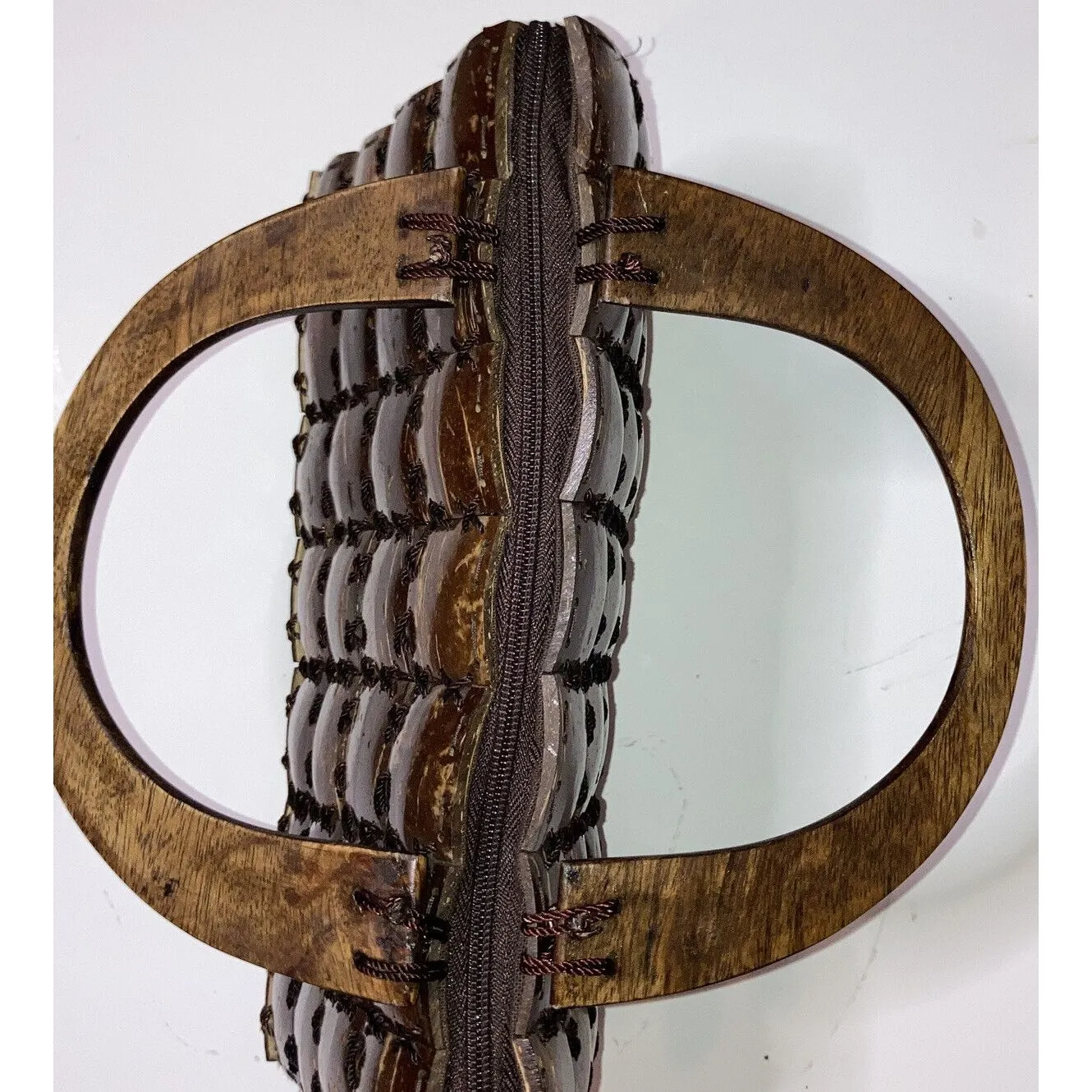 Handmade Coconut Shell Woven Patchwork Brown Zip Handbag Purse lined EUC - Image 9