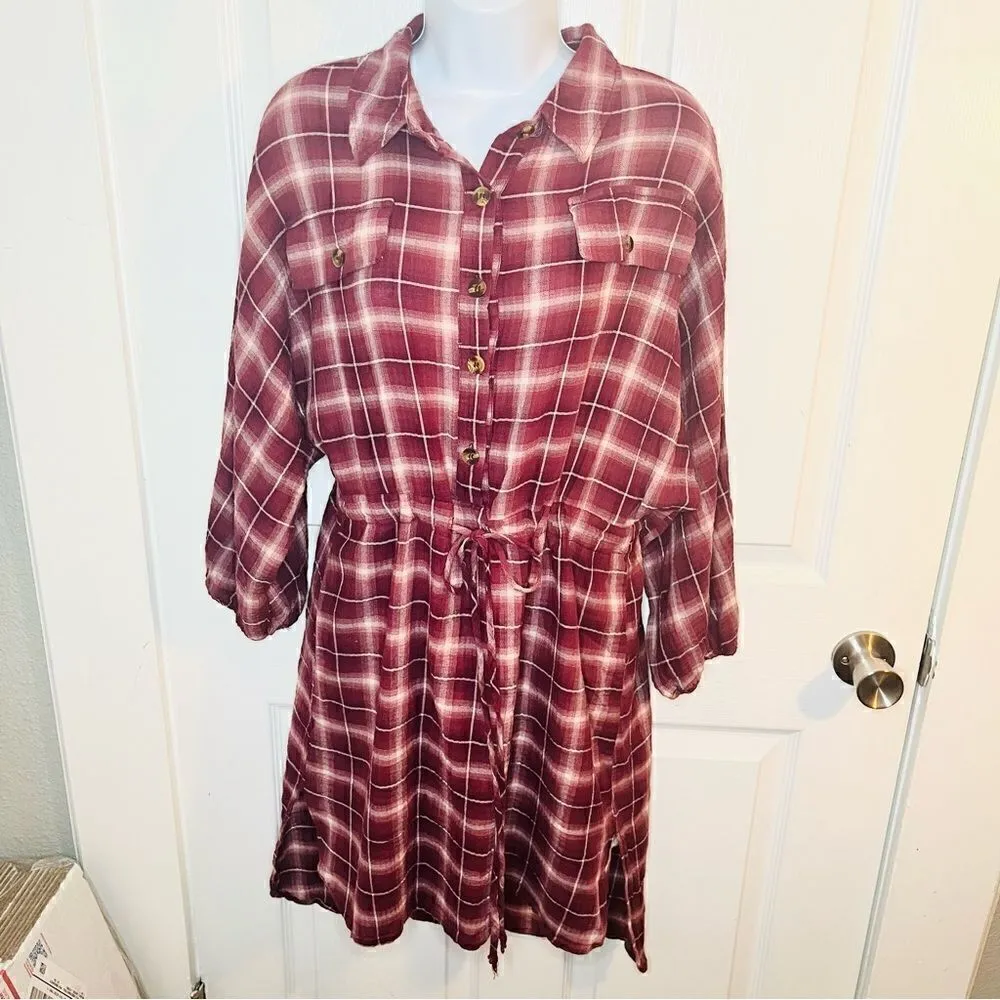 Wild Moss Women's Burgundy Long Sleeve Plaid Mini Shirt Dress M Pink Size M - Image 3