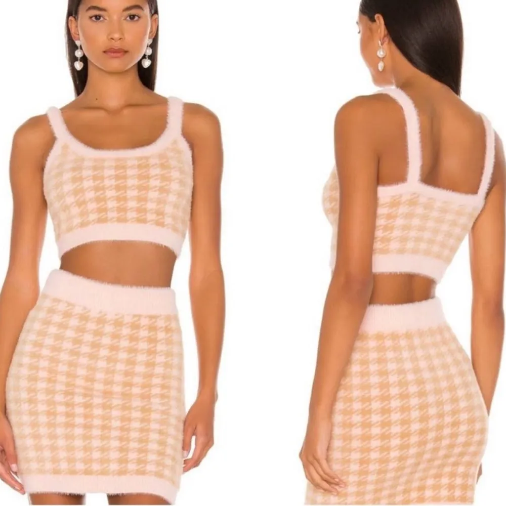 NWT For Love and Lemons Cher Fuzzy Mini Skirt Houndstooth Baby Pink & Beige Fur - Image 3