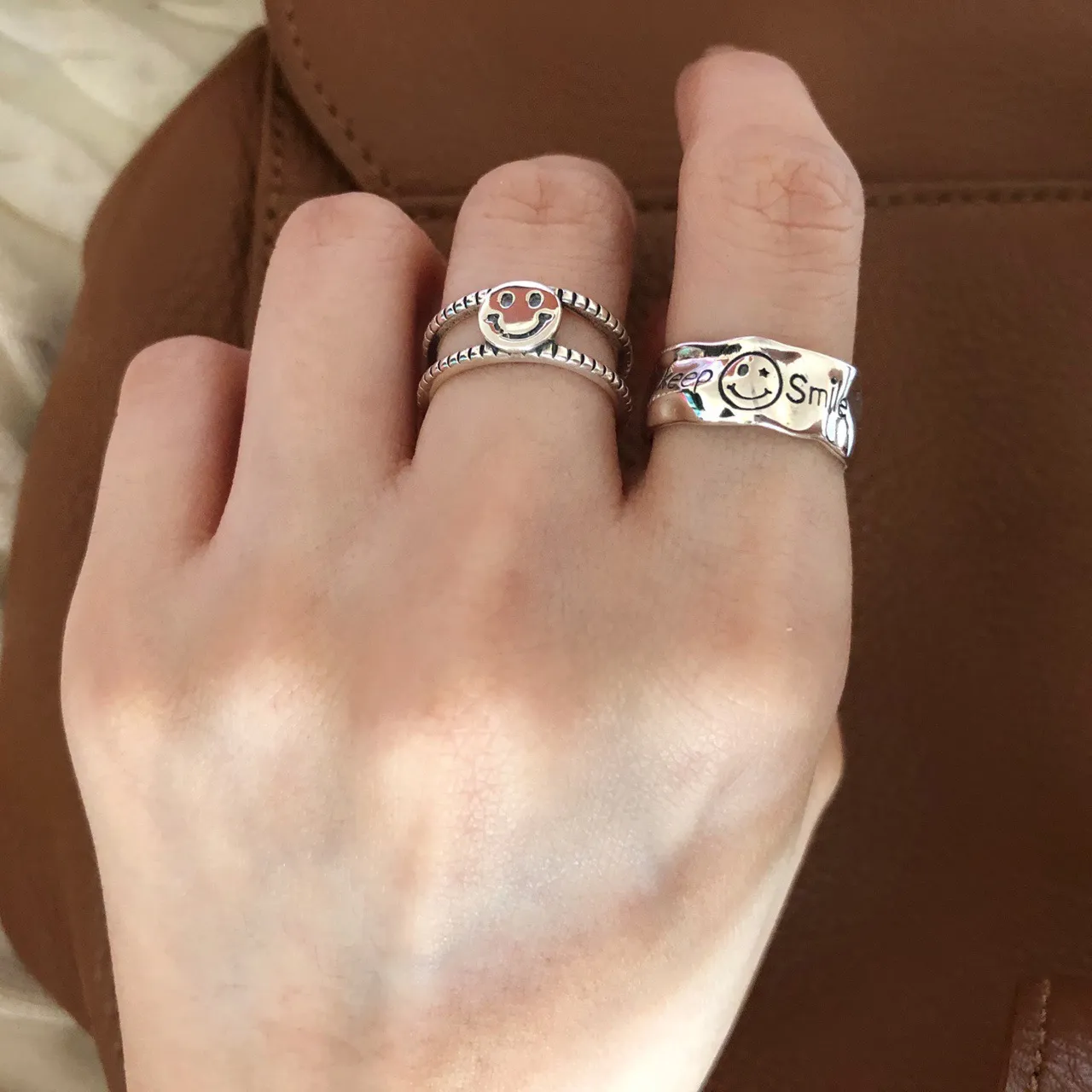 Unisex Smiley face ring silver ring sterling silver ring happy face ring adjustable ring simple ring - Image 3