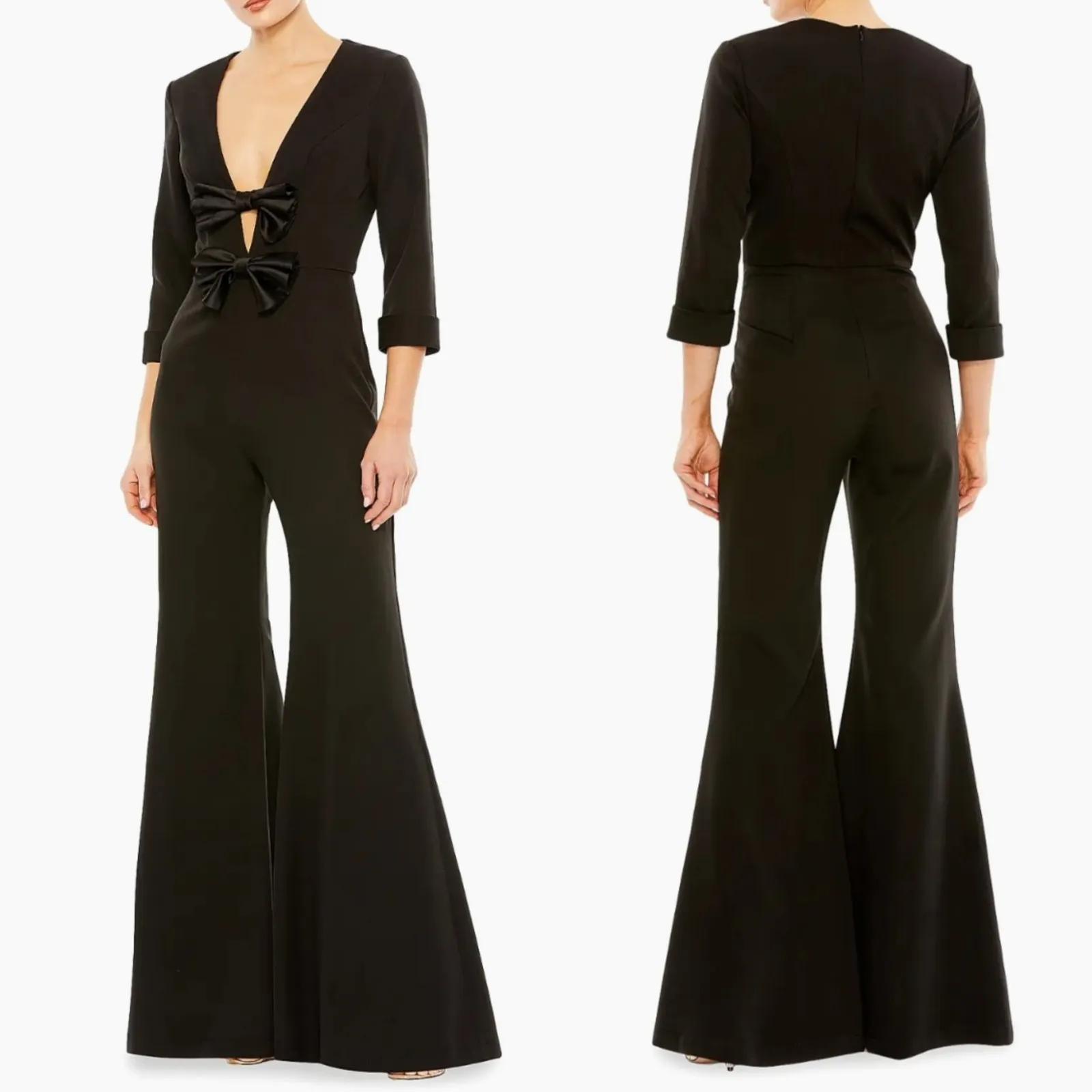 Mac Duggal Black Satin Wide-Leg Bow Detail Jumpsuit Plunging V-Neck Size 12 NEW - Image 2