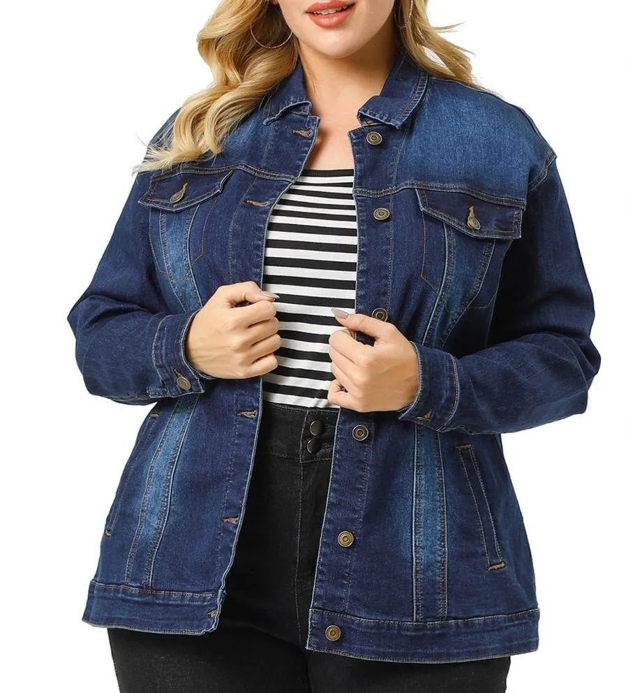 Women's Plus Size Long Sleeve Button Front Washed Denim Jacket Blue - Image 4
